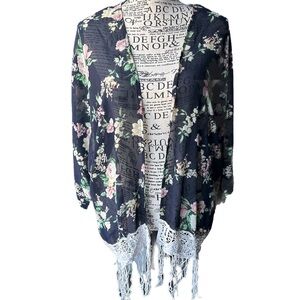 Rachael And Zoe Black Floral Sheer Kimono Fringed Small Boho Coastal Coverup